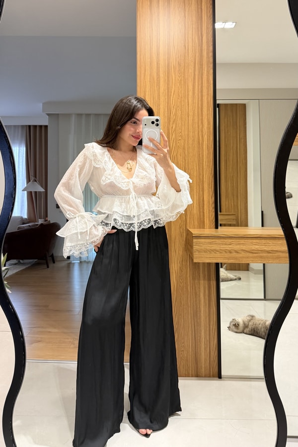 Vespera Siyah Kırışık Model Saten Pantolon