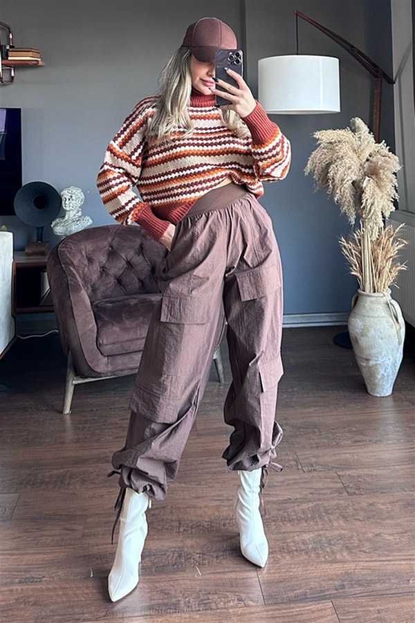 Vest acı kahve paraşüt kumaş kargo pantolon