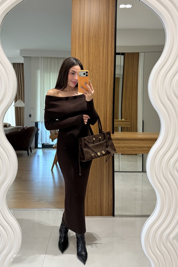 Vestido Kahve Madonna Triko Elbise
