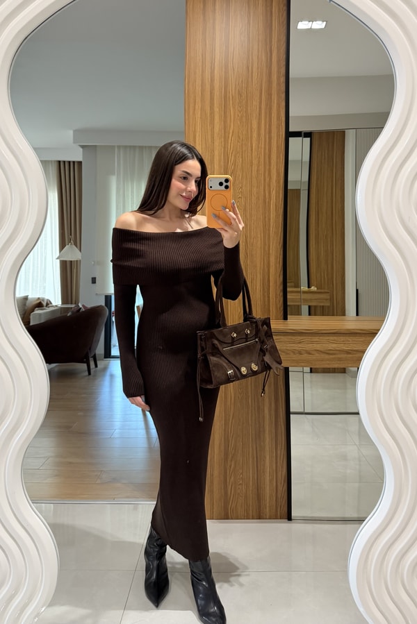 Vestido Kahve Madonna Triko Elbise