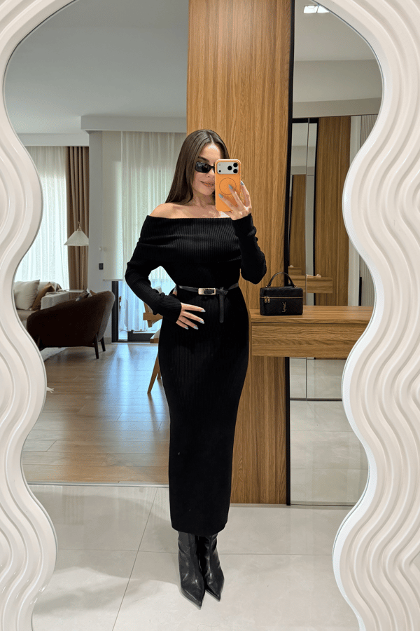 Vestido Siyah Madonna Triko Elbise