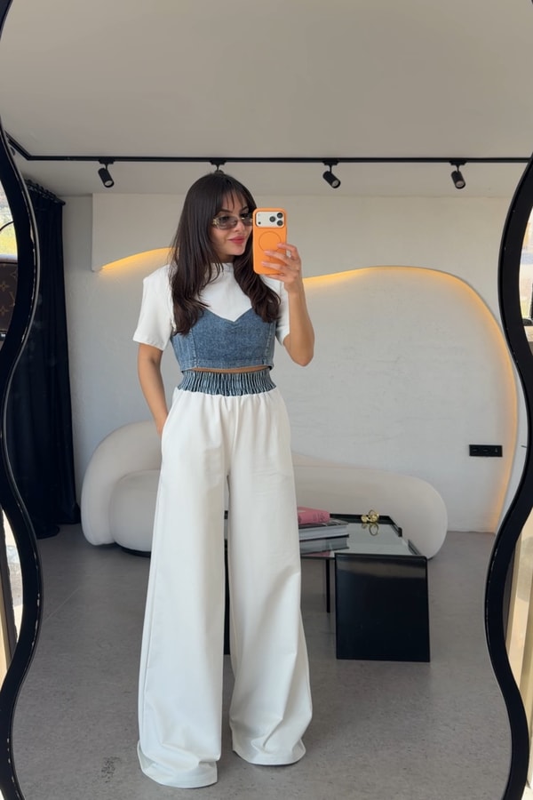 Vestiny Beyaz Denim Detaylı Takım