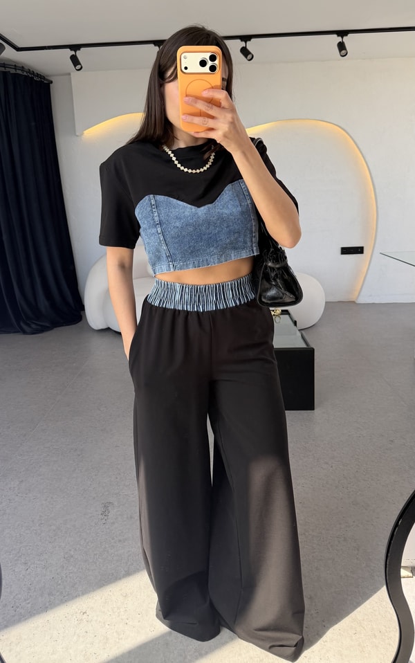 Vestiny Siyah Denim Detaylı Takım
