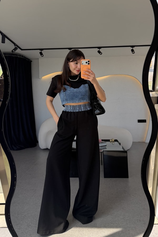 Vestiny Siyah Denim Detaylı Takım
