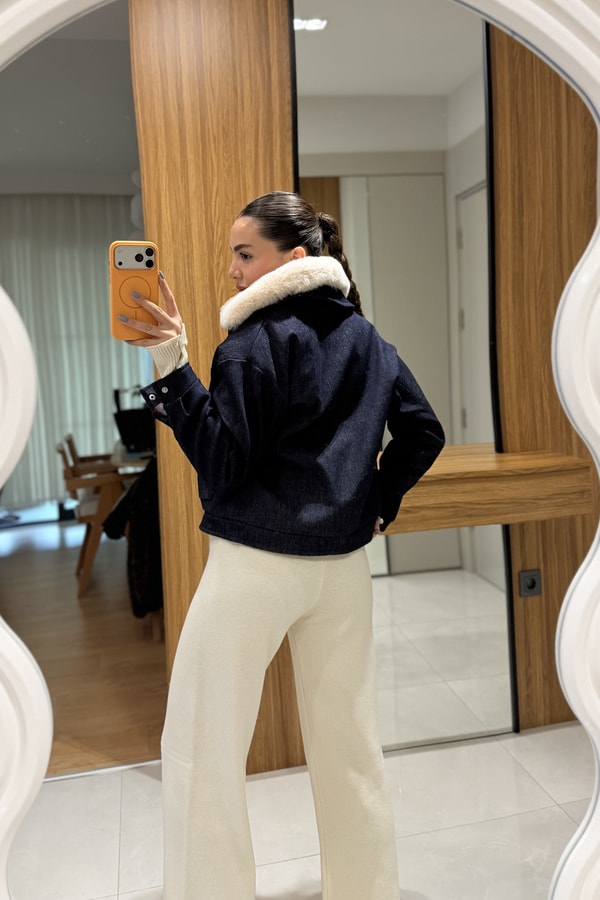 Vierce Denim Yakası Peluş Ceket