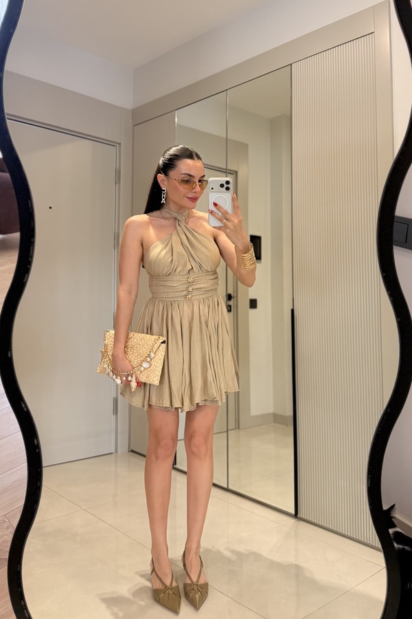 Vietnam Haki Boyundan Bağlama Mini Elbise