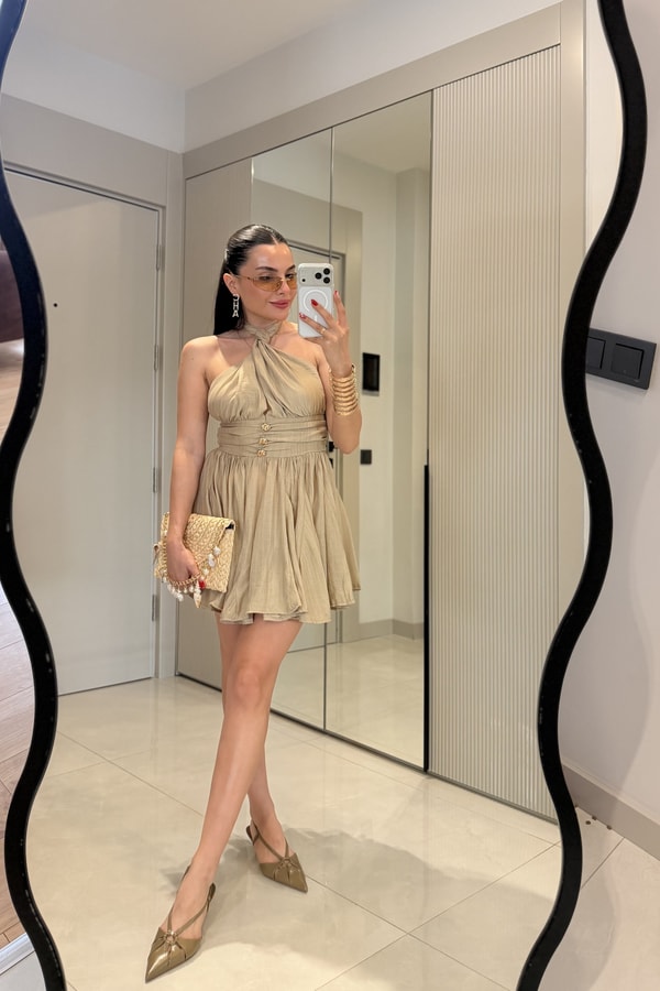 Vietnam Haki Boyundan Bağlama Mini Elbise