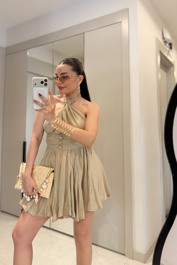 Vietnam Haki Boyundan Bağlama Mini Elbise