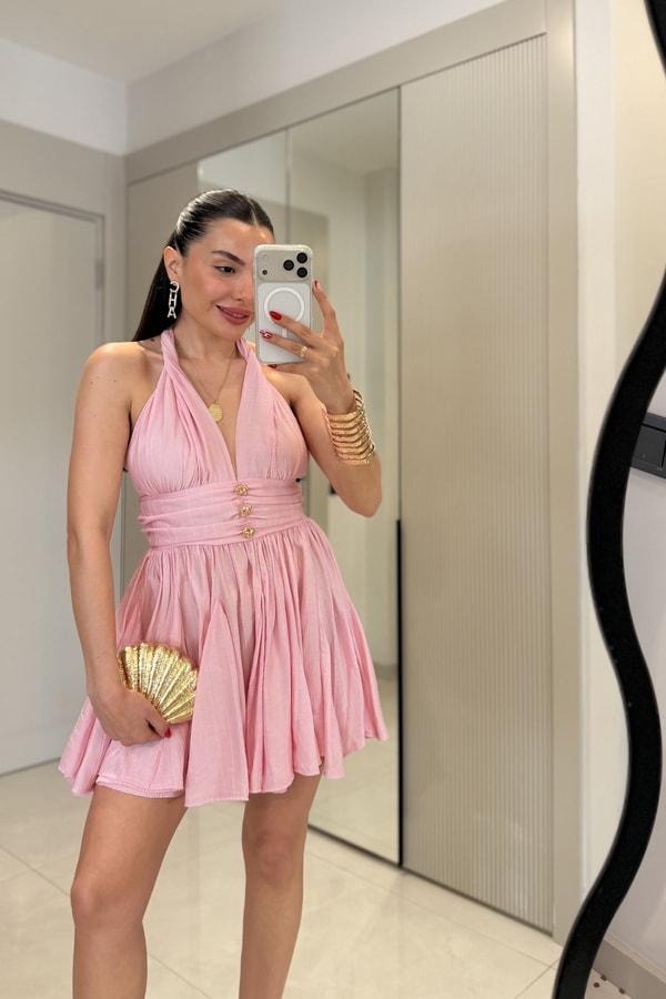 Vietnam Pembe Boyundan Bağlama Mini Elbise