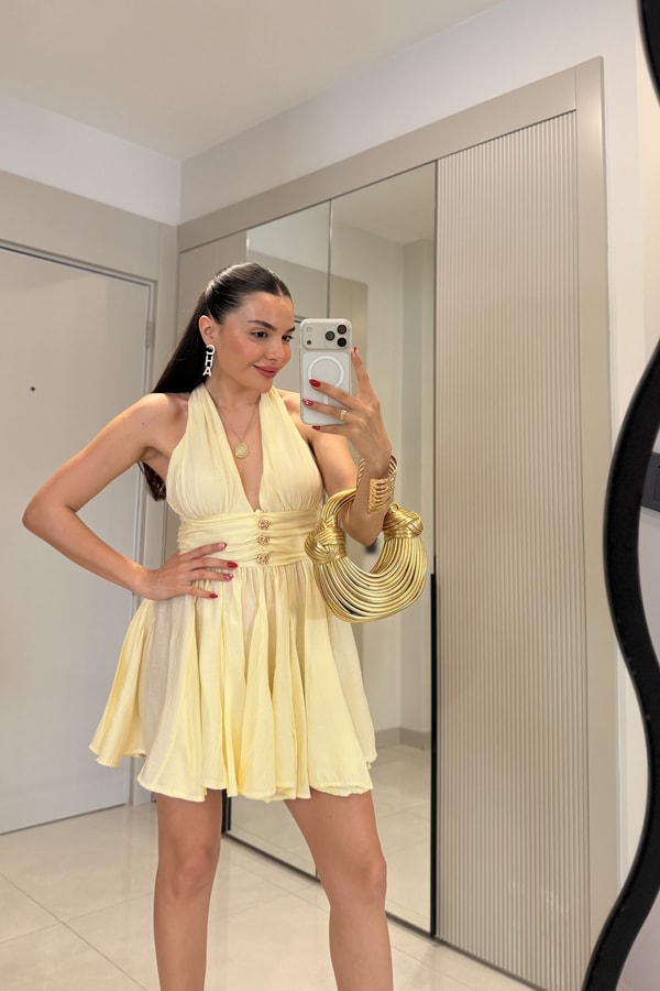 Vietnam Sarı Boyundan Bağlama Mini Elbise