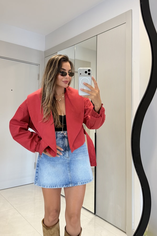Vionna Kırmızı Kruvaze Kemerli Bomber Ceket