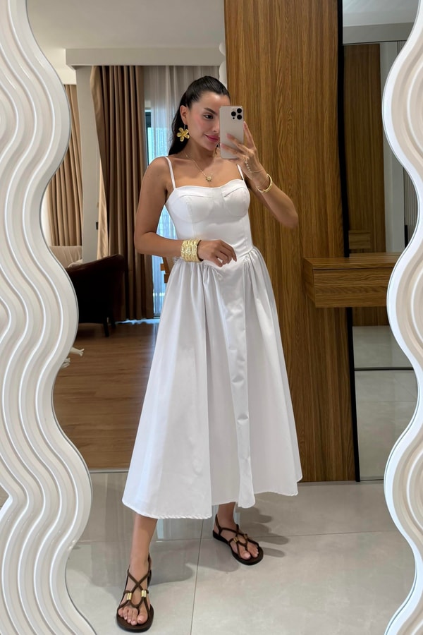 Virel Beyaz Askılı Poplin Elbise