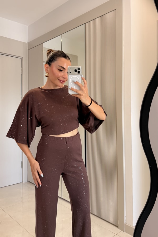 Visha Kahve Modal Simli Takım