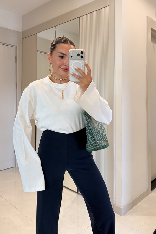Visual Beyaz Uzun Kollu Basic Tshirt