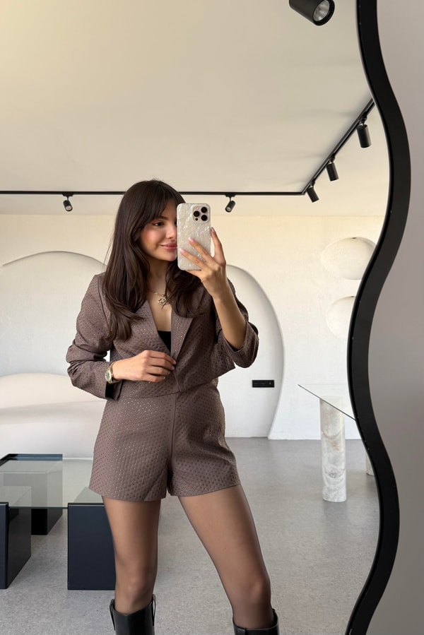 Vitaluxe Taşlı Kahve Şortlu Takım