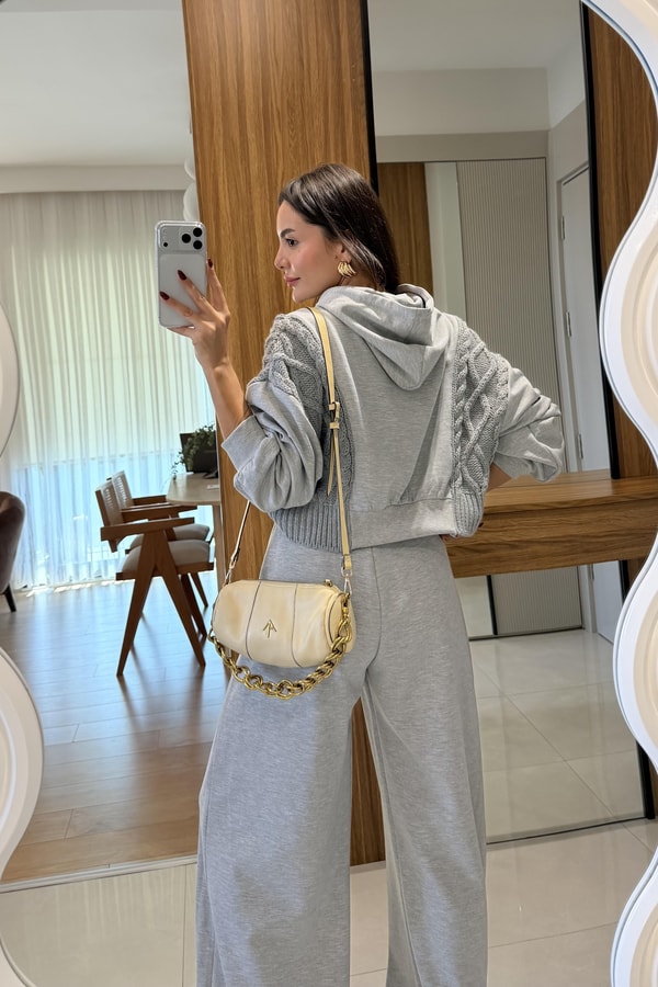 Viviana Gri Örgü Triko Detaylı Sweatshirt 