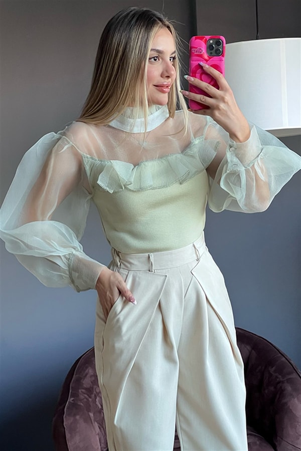 Vıvıenne kolları tüllü min yeşili triko 