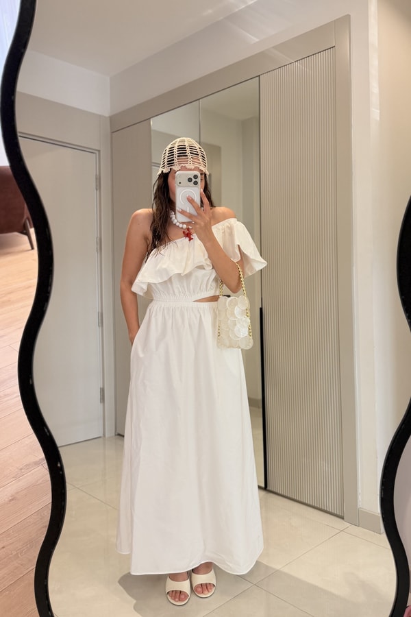 Voila Beyaz Bel Dekolteli Tek Omuz Elbise