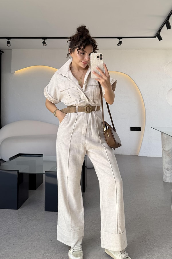 Voila Yarım Kollu Kemerli Natural Tulum