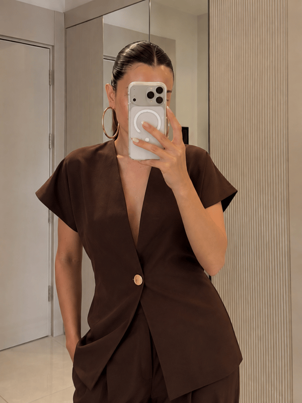 Vool Kahve Gold Düğmeli Yelek Pantolon Takım