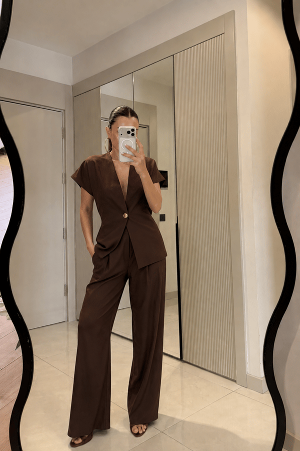 Vool Kahve Gold Düğmeli Yelek Pantolon Takım