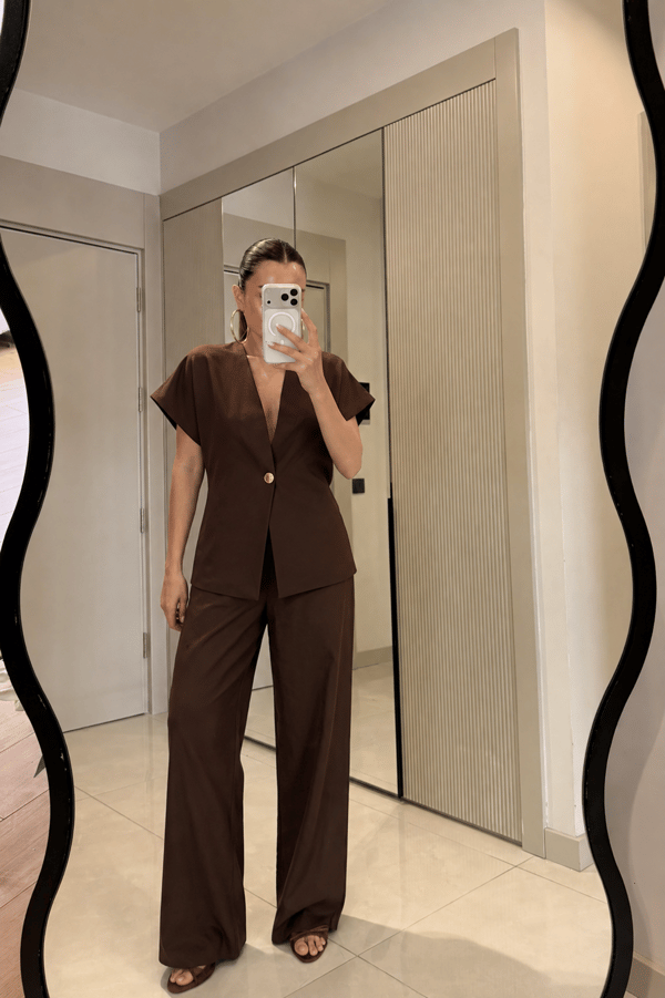 Vool Kahve Gold Düğmeli Yelek Pantolon Takım