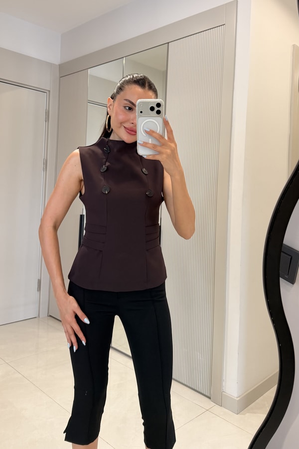 Wallen Kahve Dik Yaka Düğme Detaylı Bluz