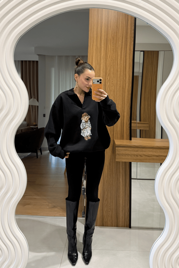Wallet Siyah Ayı Baskılı Şardonlu Sweatshirt