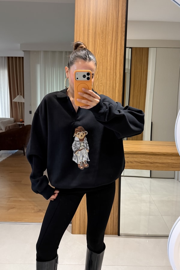 Wallet Siyah Ayı Baskılı Şardonlu Sweatshirt