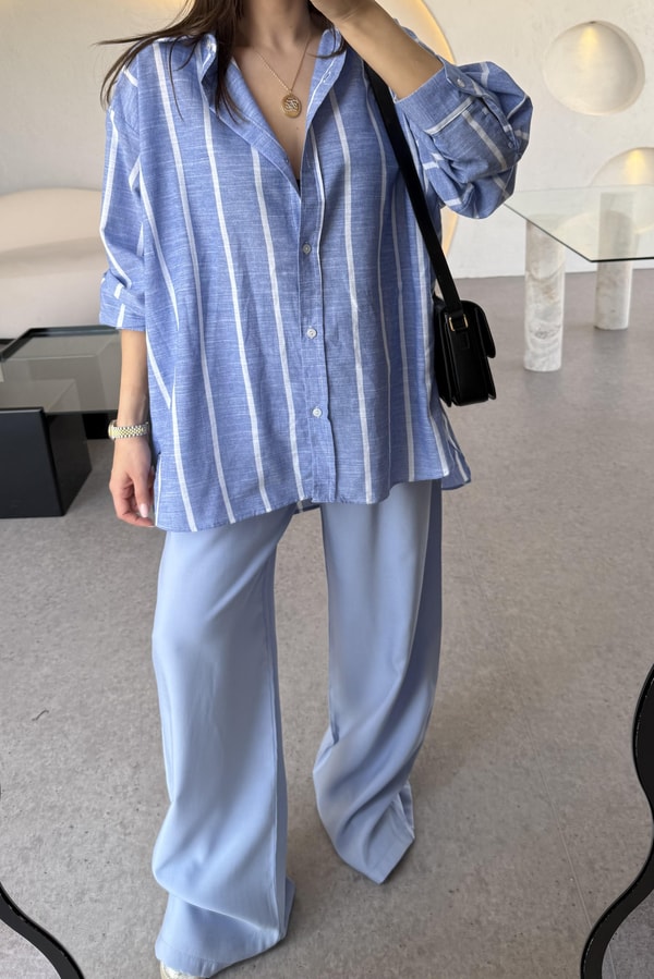Walsh Beyaz Çizgili Buz Mavi Oversize Gömlek
