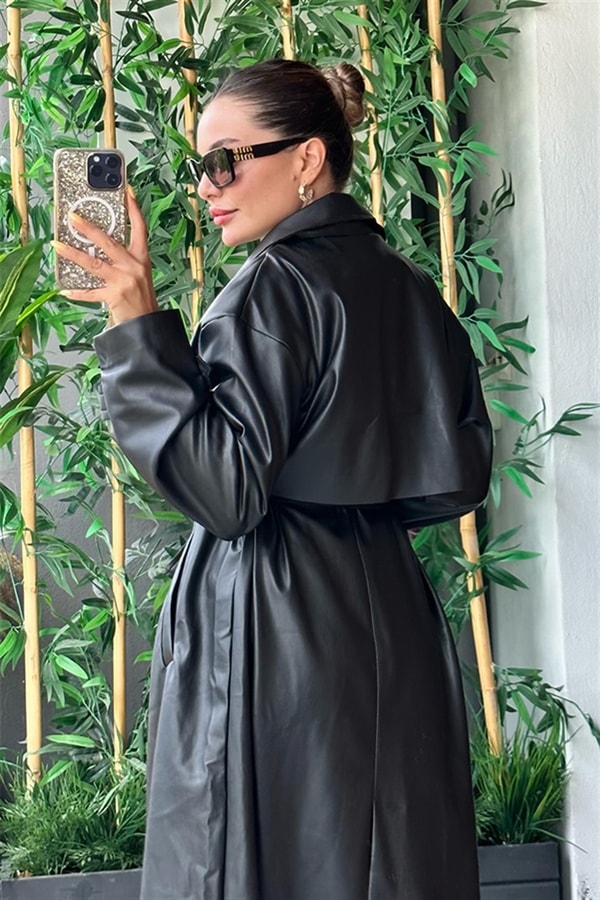 Wander siyah deri Trench Coat