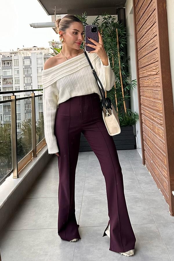 Wear Mürdüm Renk Yırtmaçlı Pantolon