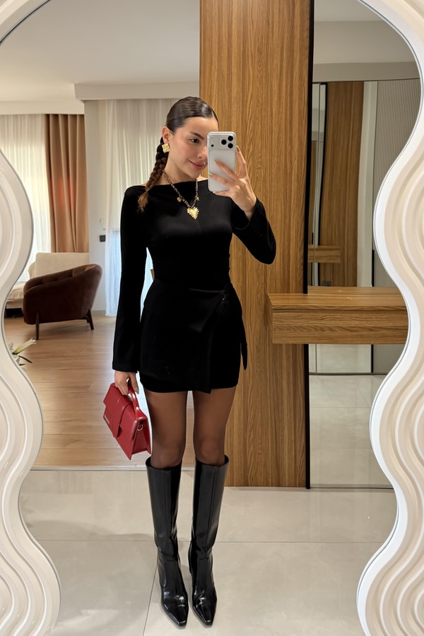 Whitney Siyah Etekli 2 Parça Elbise 
