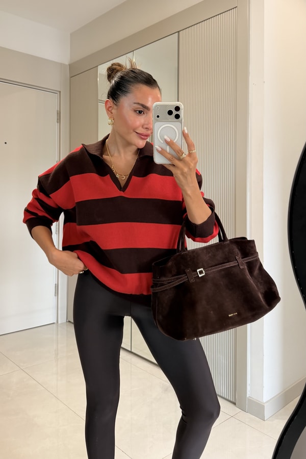 Wilen Kırmızı Polo Yaka Çizgili Oversize Kazak