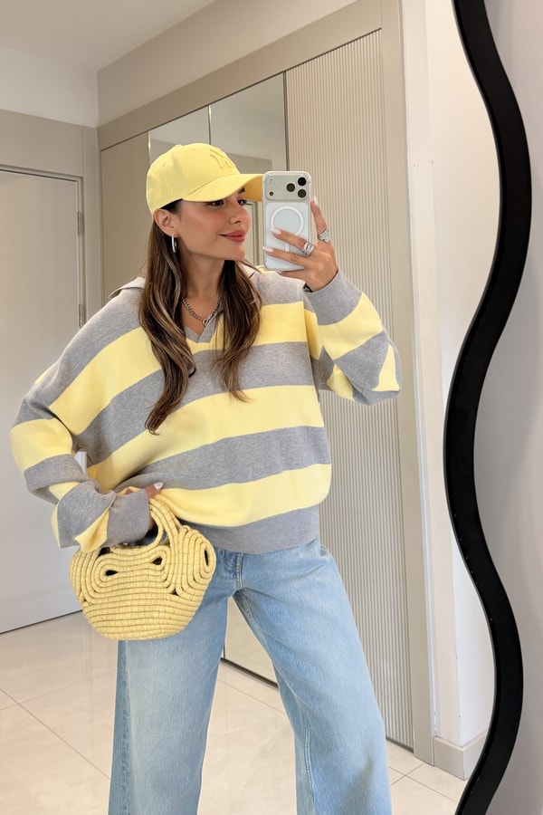 Wilen Sarı Polo Yaka Çizgili Oversize Kazak
