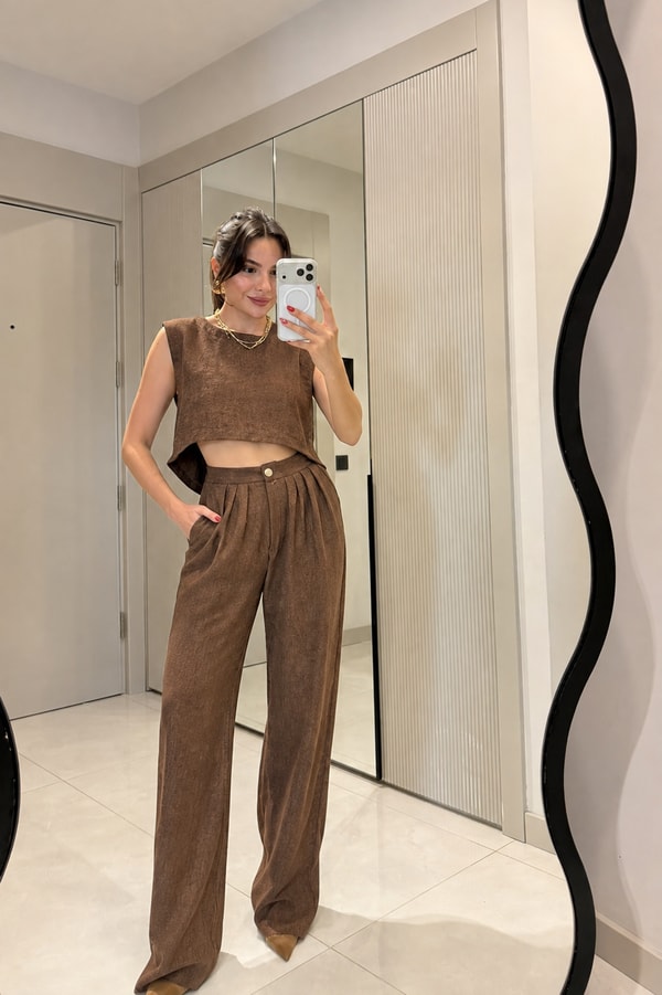 Windler Acı Kahve Crop Pantolon Takım