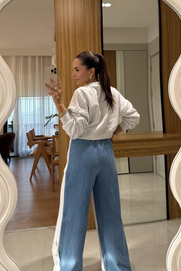 Wiola Gri Kot Karışımlı Şerit Detaylı Takım