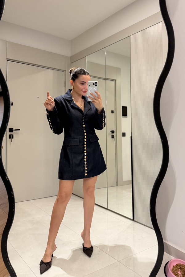 Wisher Denim Gold Düğme Detaylı Blazer Elbise