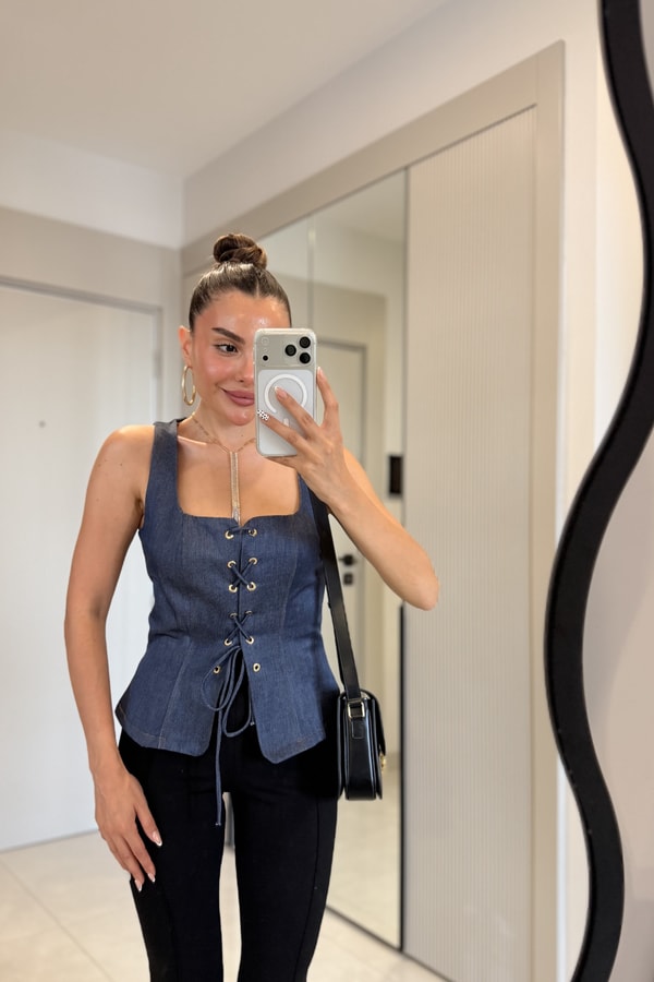 Wody Darkblue Bağcık Detaylı Denim Büstiyer