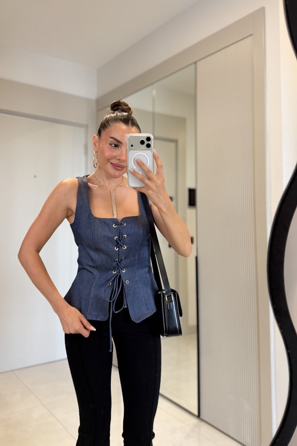 Wody Darkblue Bağcık Detaylı Denim Büstiyer