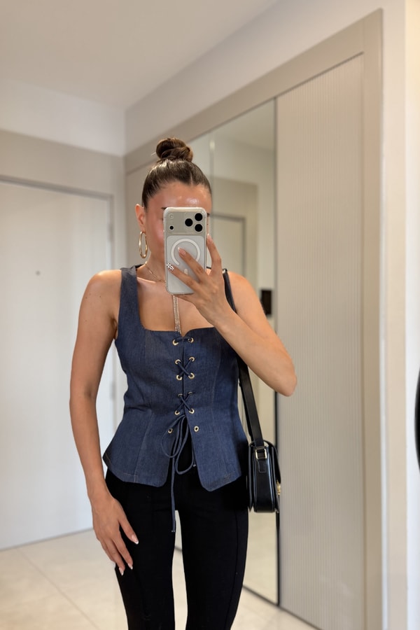 Wody Darkblue Bağcık Detaylı Denim Büstiyer
