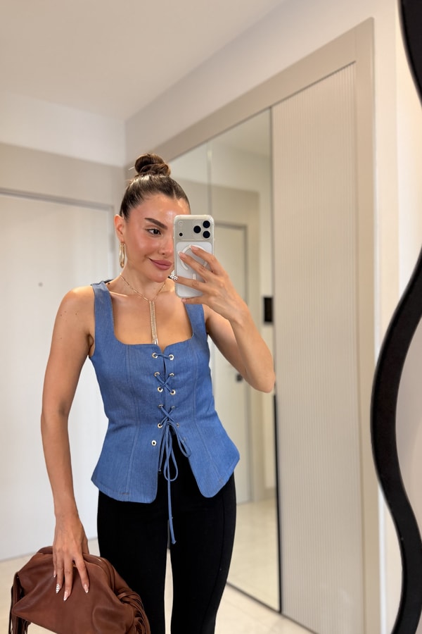 Wody Midblue Bağcık Detaylı Denim Büstiyer