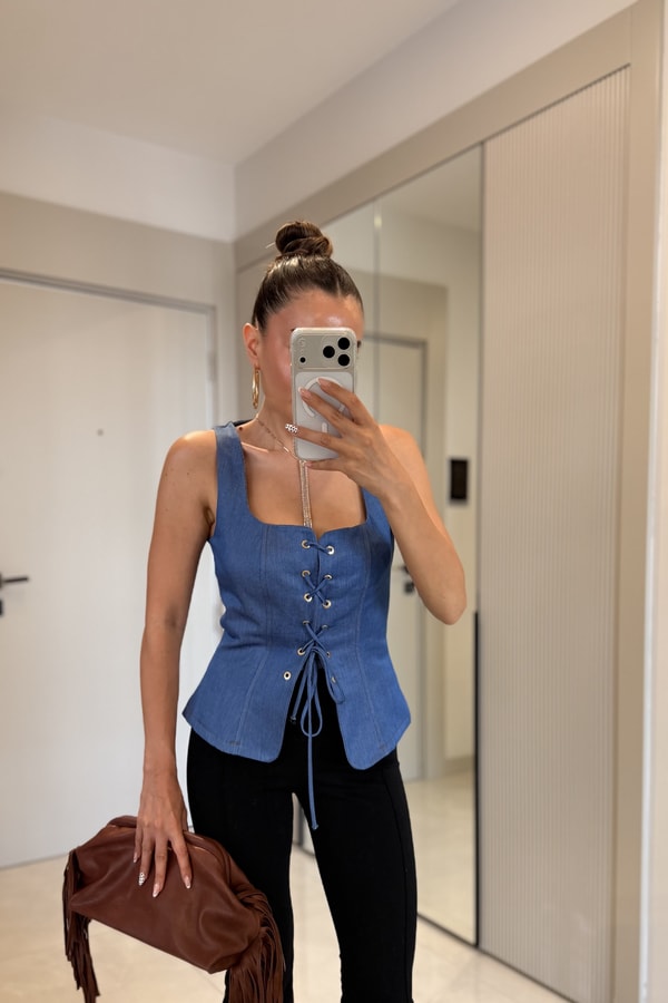 Wody Midblue Bağcık Detaylı Denim Büstiyer
