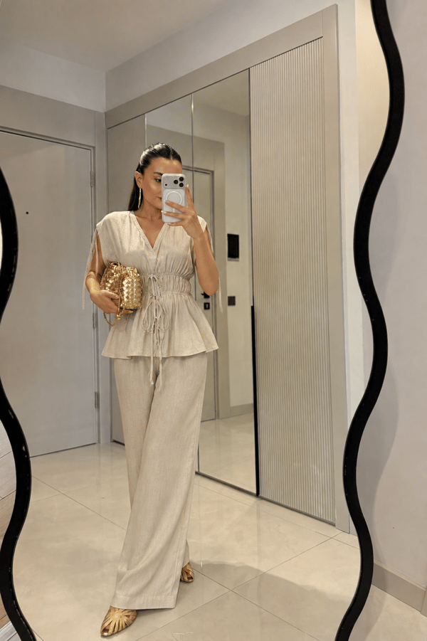 Wonka Ekru  Büzgülü Premium Keten Takım