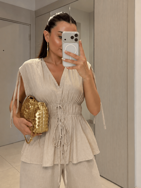 Wonka Ekru  Büzgülü Premium Keten Takım