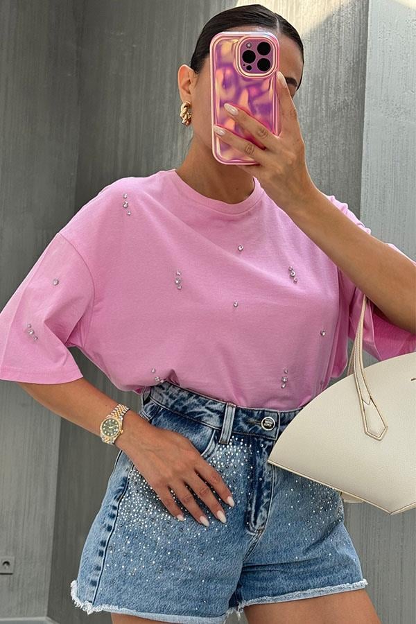 Yaenia Taş  Detaylı  Pembe Tshirt 