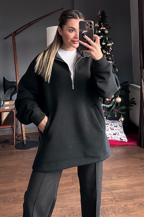 Yakası fermuarlı şardonlu füme sweat