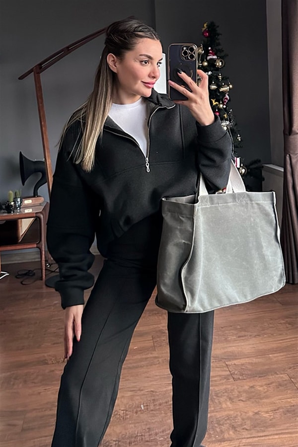 Yakası fermuarlı şardonlu füme sweat