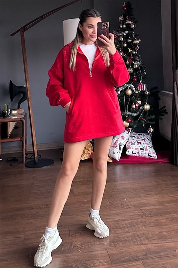 Yakası fermuarlı şardonlu kırmızı sweat