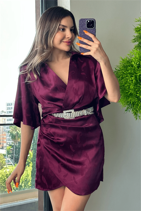 Yarasa kol patlıcan moru saten elbise